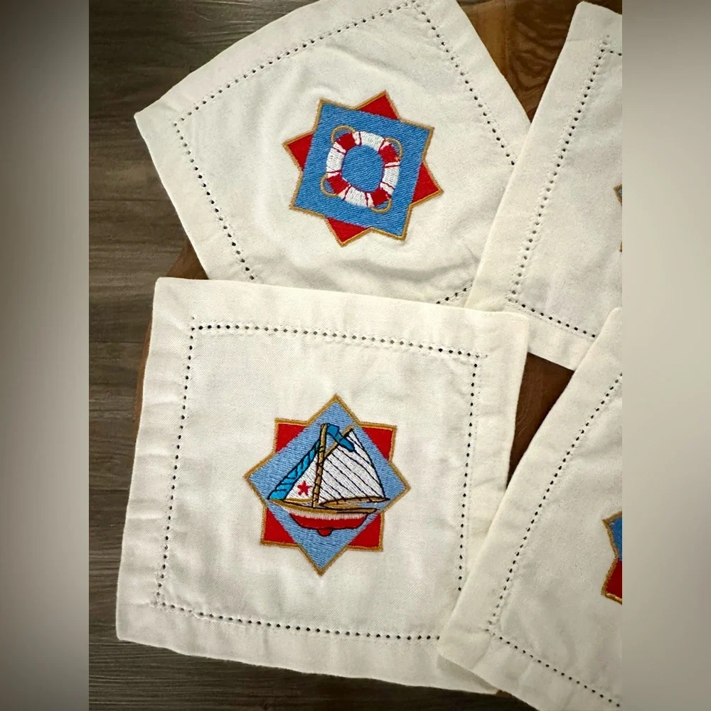 Vintage Embroidered Cocktail Napkins NEW Nautical Sailing Boats Retro MCM‎ Ocean